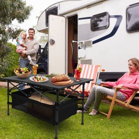 Folding Camping Table with Aluminum Roll-Top & Mesh Storage Basket