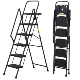 Portable 5-Step Ladder, Steel Construction With Compact Foldable Stool (Option: 5 steps black)
