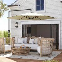 9.5FT Offset Patio Umbrella With Crank, Cross Base, Round Hanging Cantilever Umbrella For Pool, Backyard, Deck, Garden (Option: beige)