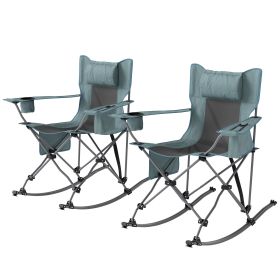 Folding Rocking Camping Chairs, Portable Chairs with Headrest, Cooler Bag, Cup Holder, Carry Bag, 2 Pack (Color: grey)