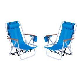Folding Beach Chair Set of 2 for Adults, 4 Position Portable Backpack Foldable Camping Chair with Headrest Cup Holder and Wooden Armrests (Color: Blue)