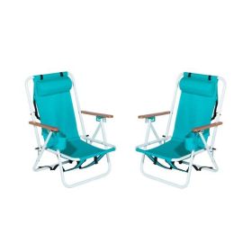 Folding Beach Chair Set of 2 for Adults, 4 Position Portable Backpack Foldable Camping Chair with Headrest Cup Holder and Wooden Armrests (Color: Green)