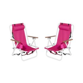 Folding Beach Chair Set of 2 for Adults, 4 Position Portable Backpack Foldable Camping Chair with Headrest Cup Holder and Wooden Armrests (Color: Pink)
