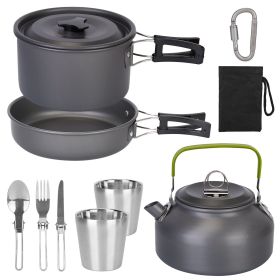 12Pcs Camping Cookware Set Camping Stove Aluminum Pot Pans Kit for Hiking Picnic Outdoor with Cup Fork Spoon Knife (Color: grey)