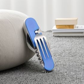 Stainless Steel 6-in-1 Multi-Tool Cutlery Set, Folding Pocket Knife with Fork, Spoon, Can Opener, Corkscrew, and Bottle Opener (Color: Blue)