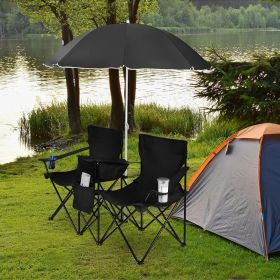 2-Person Folding Camping Chair with Removable Umbrella & Cooler Bag (Color: Black)